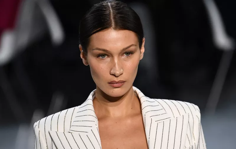 US model Bella Hadid presents a creation by Alexandre Vauthier during the Women's Spring-Summer 2020 Haute Couture collection fashion show in Paris, on January 21, 2020. (Photo by Anne-Christine POUJOULAT / AFP)