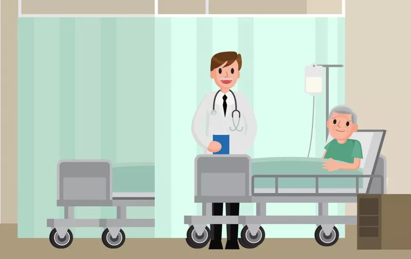 A doctor visits a patient lying on hospital bed. Senior man resting In a Bed. Flat cartoon style vector illustration.