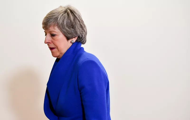 Britain's Prime Minister Theresa May arrives to hold a press conference after the European Council meeting on Brexit at The Europa Building at The European Parliament in Brussels on April 11, 2019. (Photo by PHILIPPE HUGUEN / AFP)