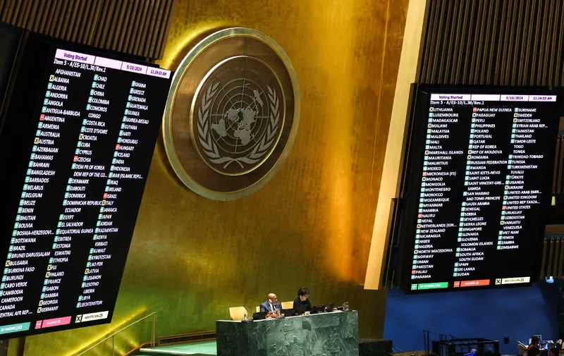 The results of a vote on a resolution for the UN Security Council to reconsider and support the full membership of Palestine into the United Nations is displayed during a special session of the UN General Assembly, at UN headquarters in New York City on May 10, 2024. A veto from the United States during an April 18, 2024 UN Security Council meeting previously foiled the Palestinians' drive for full UN membership. (Photo by Charly TRIBALLEAU / AFP)