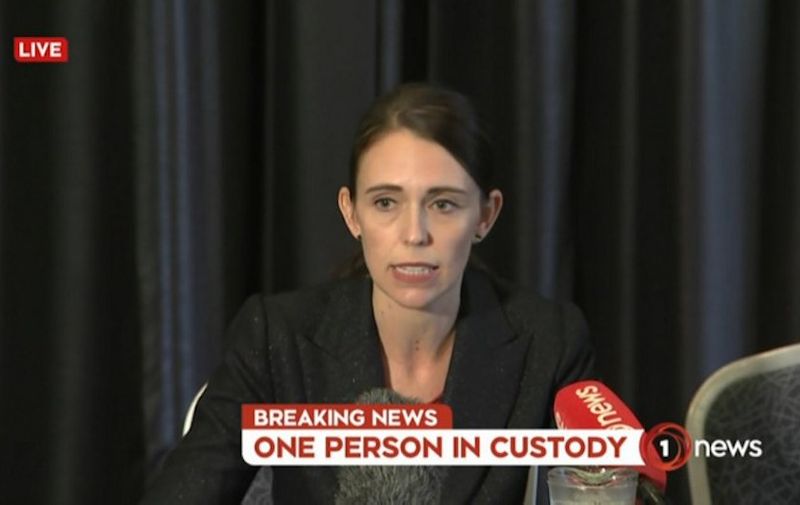 An image grab from TV New Zealand taken on March 15, 2019 shows New Zealand Prime Minister Jacinda Ardern addressing the country on television following the mosque shooting in Christchurch. - At least one gunman who targeted crowded mosques in the New Zealand city of Christchurch killed a number of people, police said, with Prime Minister Jacinda Ardern describing the shooting as "one of New Zealand's darkest days". (Photo by TV New Zealand / TV New Zealand / AFP) / New Zealand OUT / XGTY----EDITORS NOTE ----RESTRICTED TO EDITORIAL USE MANDATORY CREDIT " AFP PHOTO / TV New Zealand / NO MARKETING NO ADVERTISING CAMPAIGNS - DISTRIBUTED AS A SERVICE TO CLIENTS- NO ARCHIVE