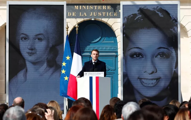 French President Emmanuel Macron delivers a speech during a ceremony to seal the right to abortion in the French constitution, on International Women's Day, at the Place Vendome, in Paris, on March 8, 2024. (Photo by Gonzalo Fuentes / POOL / AFP)