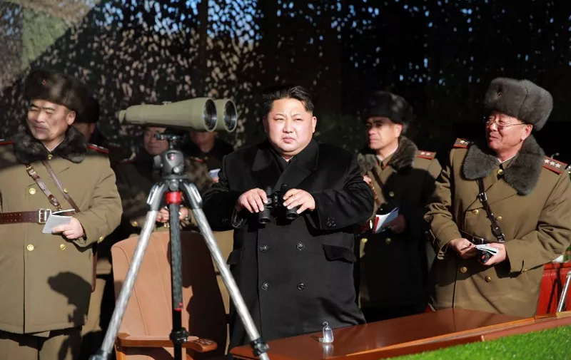 This undated picture released from North Korea's official Korean Central News Agency (KCNA) on January 5, 2015 shows North Korean leader Kim Jong-Un (C) inspecting a firing contest of Korean People's Army artillery units at an undisclosed location in North Korea. An earthquake in North Korea on January 6 was a "suspected explosion", Chinese officials said, following fears of another nuclear test by Pyongyang.    AFP PHOTO / KCNA via KNS    REPUBLIC OF KOREA OUT
THIS PICTURE WAS MADE AVAILABLE BY A THIRD PARTY. AFP CAN NOT INDEPENDENTLY VERIFY THE AUTHENTICITY, LOCATION, DATE AND CONTENT OF THIS IMAGE. THIS PHOTO IS DISTRIBUTED EXACTLY AS RECEIVED BY AFP.
---EDITORS NOTE--- RESTRICTED TO EDITORIAL USE - MANDATORY CREDIT "AFP PHOTO / KCNA VIA KNS" - NO MARKETING NO ADVERTISING CAMPAIGNS - DISTRIBUTED AS A SERVICE TO CLIENTS / AFP / KCNA / KNS