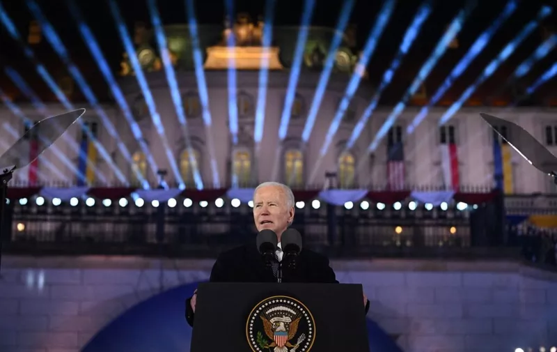 US President Joe Biden delivers a speech at the Royal Warsaw Castle Gardens in Warsaw on February 21, 2023. (Photo by Mandel NGAN / AFP)