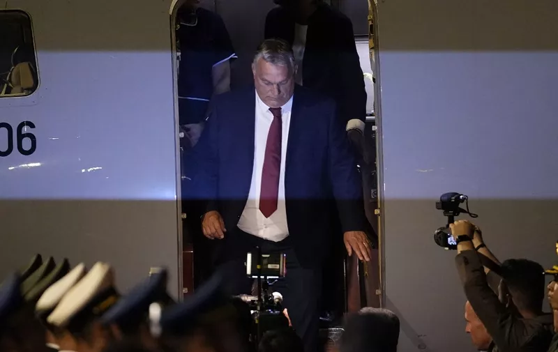 Hungarian Prime Minister Viktor Orban arrives at Beijing Capital International Airport to attend the Third Belt and Road Forum in Beijing, China, October 15, 2023. (Photo by Ken Ishii / POOL / AFP)