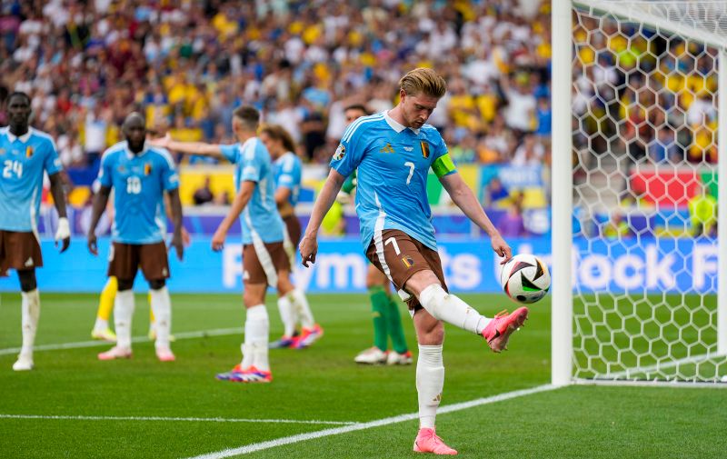 Belgium's Kevin De Bruyne kicks a ball during a Group E match between Ukraine and Belgium at the Euro 2024 soccer tournament in Stuttgart, Germany, Wednesday, June 26, 2024. The match ended in a 0-0 draw. (AP Photo/Ariel Schalit)