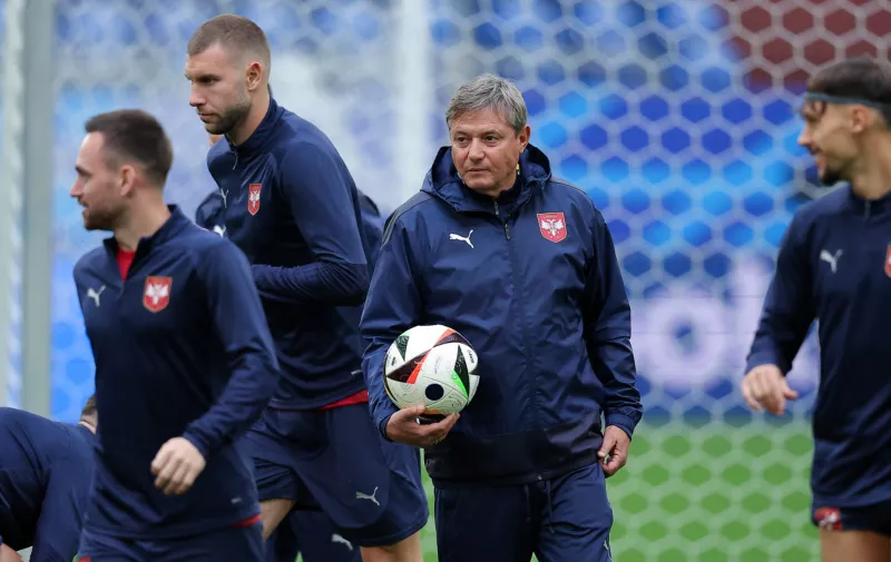Serbia's head coach Dragan Stojkovic attends a training session of Serbia at Schalke Arena on June 15, 2024 in Gelzenkirchen, Germany on the eve of their UEFA Euro 2024 group C qualification football match against England. (Photo by Pedja Milosavljevic/DeFodi Images)