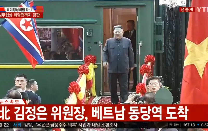 Footage from South Korea's YTN television shows North Korean leader Kim Jong Un arriving at Vietnam's Dong Dang railway station on Feb. 26, 2019, ahead of his second summit with U.S. President Donald Trump in Hanoi. (Kyodo)
==Kyodo, Image: 415978269, License: Rights-managed, Restrictions: , Model Release: no, Credit line: Profimedia, Newscom