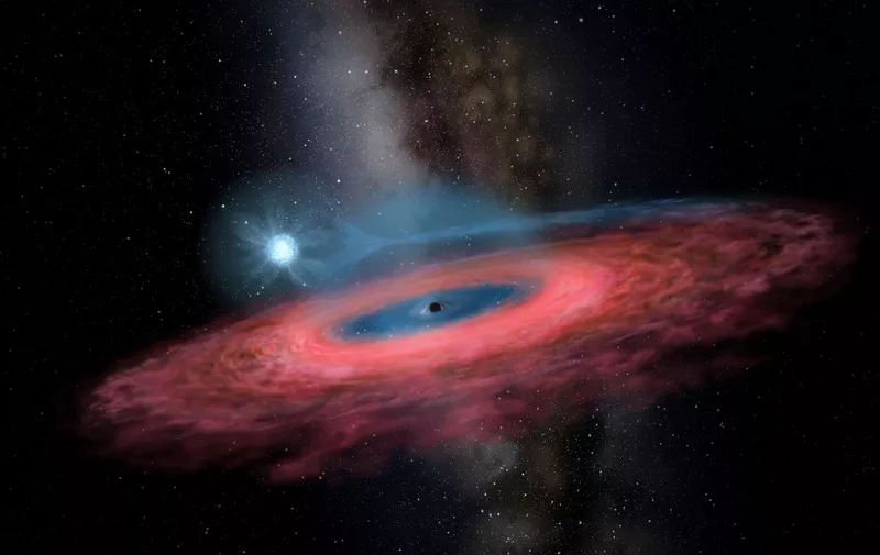 This handout received from the Beijing Planetarium via the China Academy of Sciences on November 26, 2019 shows a rendering by artist Yu Jingchuan of the accretion of gas onto a stellar black hole from its blue companion star, through a truncated accretion disk. - Astronomers have discovered a black hole in the Milky Way so huge that it challenges existing models of how stars evolve, researchers announced on November 28. (Photo by Yu Jingchuan / Beijing Planetarium via the China Academy of Sciences / AFP) / -----EDITORS NOTE --- RESTRICTED TO EDITORIAL USE - MANDATORY CREDIT "AFP PHOTO / Yu Jingchuan / Beijing Planetarium via the China Academy of Sciences" - NO MARKETING - NO ADVERTISING CAMPAIGNS - DISTRIBUTED AS A SERVICE TO CLIENTS  - NO ARCHIVES /