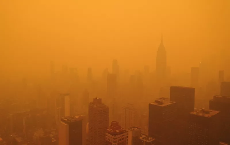 NEW YORK, US - JUNE 7: An aerial view of a hazy, smoky sky due to the Canadian wildfires in New York City, United States, on June 7, 2023. Lokman Vural Elibol / Anadolu Agency/ABACAPRESS.COM,Image: 782019835, License: Rights-managed, Restrictions: , Model Release: no