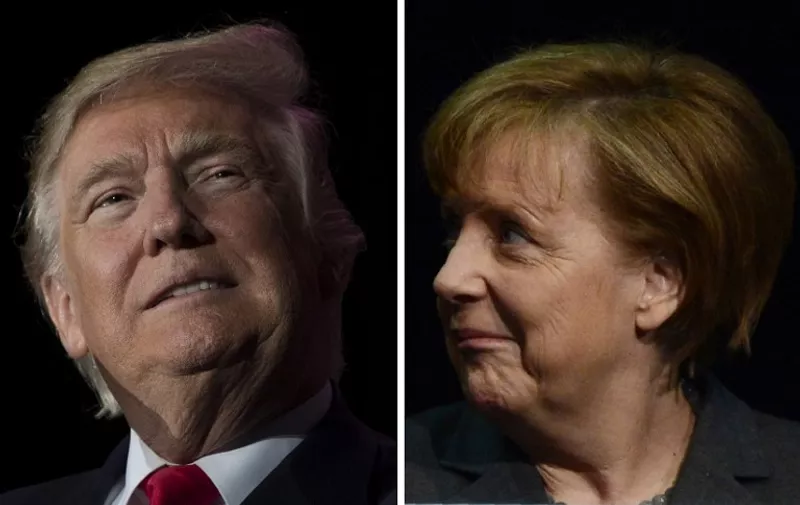 (COMBO) This combination of file photos created on January 16, 2017 shows US President-elect Donald Trump (December 16, 2016 in Orlando, Florida) and German Chancellor Angela Merkel (R, March 9, 2014 in Hanover).
Chancellor Angela Merkel made a "catastrophic mistake" in letting migrants flood into Germany, US President-elect Donald Trump said in a newspaper interview on January 15, 2017.
 / AFP PHOTO / Jim WATSON AND John MACDOUGALL