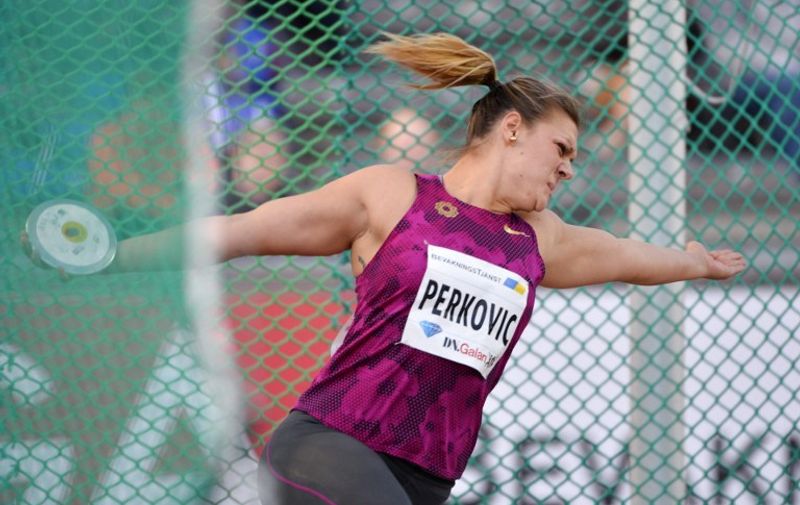 Croatia's Sandra Perkovic competes during the Women Discus Throw event of the IAAF Diamond League DN Galan meeting at the Stockholm Olympic Stadium on August 21, 2014.     AFP PHOTO / TT NEWS AGENCY / MAJA SUSLIN
