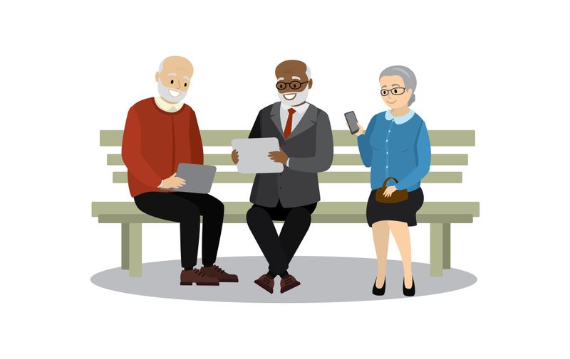 old people or pensioners with smart gadgets sitting on bench, isolated on white background,cartoon vector illustration