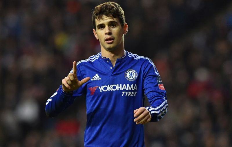 Chelsea's Brazilian midfielder Oscar celebrates after scoring his second goal during the English FA Cup fourth round football match between MK Dons and Chelsea at Stadium MK in Milton Keynes, central England, on January 31, 2016. / AFP / BEN STANSALL / RESTRICTED TO EDITORIAL USE. No use with unauthorized audio, video, data, fixture lists, club/league logos or 'live' services. Online in-match use limited to 75 images, no video emulation. No use in betting, games or single club/league/player publications.  /