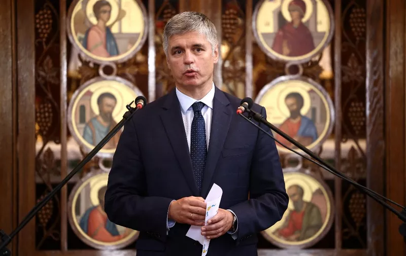 (FILES) Ukraine's ambassador to the UK Vadym Prystaiko speaks during a prayer service at Ukrainian Catholic Cathedral in London on July 8, 2023 to mark 500 days since the beginning of the invasion of Ukraine by Russia. Ukrainian leader Volodymyr Zelensky dismissed Prystaiko on July 21, 2023 after he criticised the president's response to a row over British military aid. Prystaiko had criticised Zelensky's sarcastic response to suggestions from British defence minister Ben Wallace that Ukraine should show more gratitude for arms supplies from its allies. (Photo by HENRY NICHOLLS / AFP)