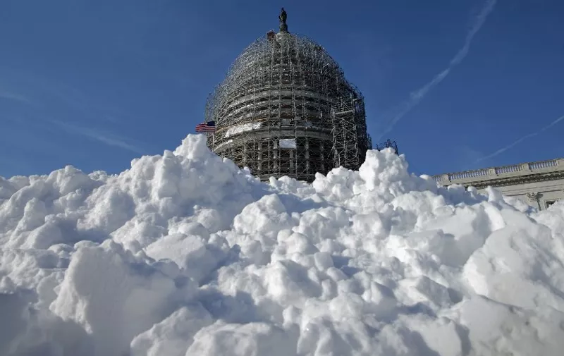 WASHINGTON, DC - JANUARY 21: A pile of shoveled snow stands in the plaza on the east side of the U.S. Capitol January 21, 2016 in Washington, DC. One inch of snowfall delayed school openings in the greater Washington, DC, area on Thursday as people along the Easter Seaboard prepare for a blizzard to arrive within the next 24 hours.   Chip Somodevilla/Getty Images/AFP