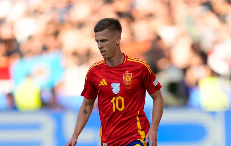 Spain's Dani Olmo controls the ball during a Group B match between Spain and Croatia at the Euro 2024 soccer tournament in Berlin, Germany, Saturday, June 15, 2024. Spain won 3-0. (AP Photo/Manu Fernandez)