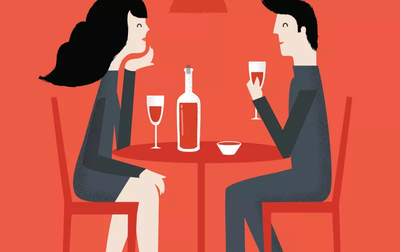 Romantic couple sitting in cafe - sharing a bottle of wine. Vector illustration