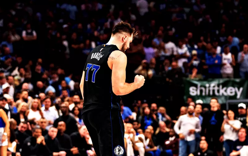 Dallas Mavericks guard Luka Doncic (77) pumps his fist during the second half of an NBA basketball first-round playoff series against the Los Angeles Clippers Friday, May 3, 2024, in Dallas. (AP Photo/Jeffrey McWhorter)