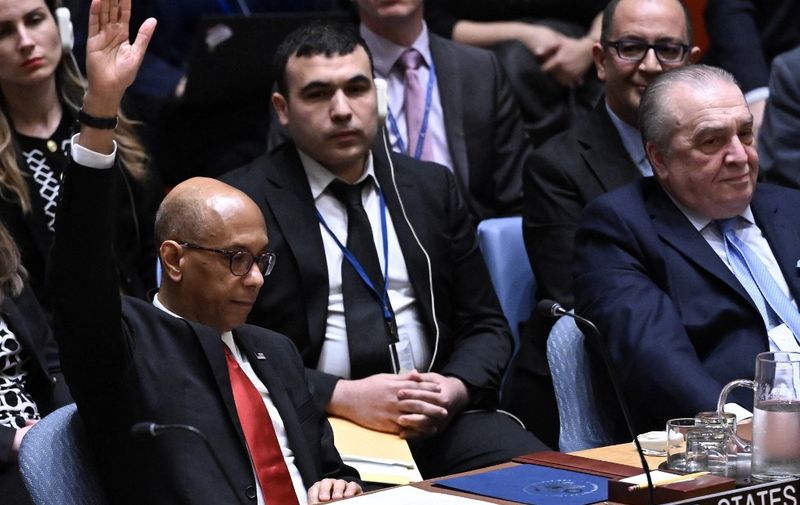 NEW YORK, USA - APRIL 18: US Deputy Ambassador to the UN Robert Wood votes against a resolution allowing Palestinian UN membership at United Nations headquarters in New York, on April 18, 2024, during a United Nations Security Council meeting on the situation in the Middle East, including the Palestinian question. The United States vetoed a Security Council measure on a Palestinian bid for full United Nations membership. The draft resolution, which was introduced by Algeria and 'recommends to the General Assembly that the State of Palestine be admitted to membership of the United Nations,' received 12 votes in favor, two abstentions and one against. The membership was blocked with a vote of 12 in favor and two abstentions, including the UK and Switzerland. Fatih Aktas / Anadolu (Photo by Fatih Aktas / ANADOLU / Anadolu via AFP)