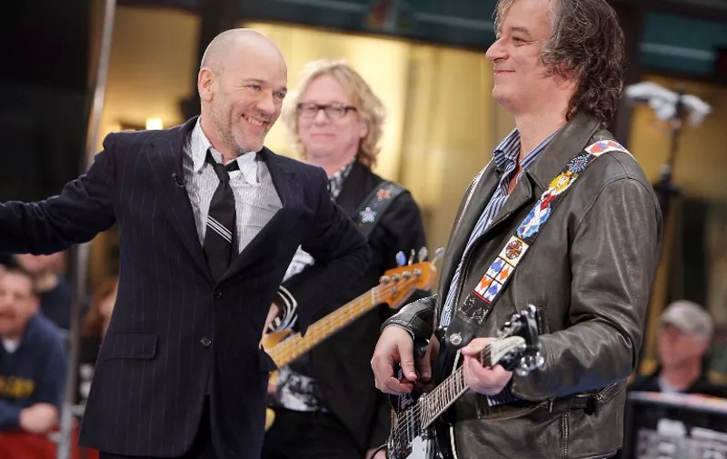 NEW YORK - APRIL 01:  (L-R) Michael Stipe, Mike Mills, and Peter Buck of R.E.M. perform during the NBC 'Today' show concert series at Rockefeller Center on April 1, 2008 in New York City.  (Photo by Scott Gries/Getty Images)