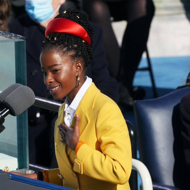 WASHINGTON, DC - JANUARY 20: Inaugural poet Amanda Gorman delivered a poem during the inauguration of U.S. President Joe Biden on the West Front of the U.S. Capitol on January 20, 2021 in Washington, DC. During today's inauguration ceremony Joe Biden becomes the 46th president of the United States.   E