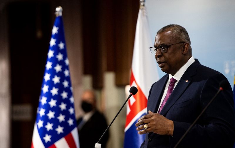 US Secretary of Defence Lloyd Austin holds a joint press conference with the Slovak Minister of Defence, at the Slovak Ministry of Defence in Bratislava, on March 17, 2022. (Photo by VLADIMIR SIMICEK / AFP)