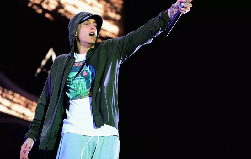 CHICAGO, IL - AUGUST 01: Eminem performs at Samsung Galaxy stage during 2014 Lollapalooza Day One at Grant Park on August 1, 2014 in Chicago, Illinois.   Theo Wargo/Getty Images/AFP