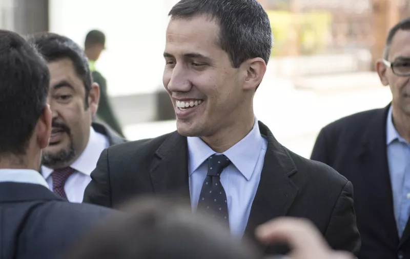 January 29, 2019 - Caracas, Venezuela - Venezuela's National Assembly head and self-proclaimed ''acting president'' Juan Guaido, talks to journalists upon arrival at the National Assembly in Caracas to attend a session on January 29, 2019. The United States said Tuesday that it has handed control of Venezuela's bank accounts in the United States to Juan Guaido, the opposition leader whom Washington has recognized as interim president., Image: 411061260, License: Rights-managed, Restrictions: , Model Release: no, Credit line: Profimedia, Zuma Press - News