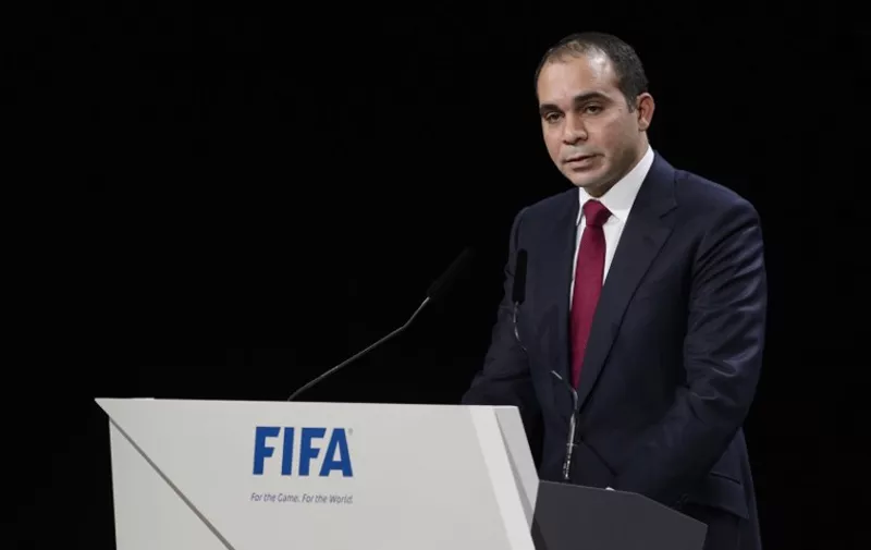 (FILES) A picture taken on May 29, 2015 shows FIFA vice president Prince Ali bin al-Hussein of Jordan delivering his speech ahead of the vote to decide on the FIFA presidency in Zurich. Prince Ali will stand in new elections for the presidency of world football's governing body after Sepp Blatter announced he was to quit FIFA, a senior Jordanian football official told AFP on June 2, 2015. AFP PHOTO / FABRICE COFFRINI
