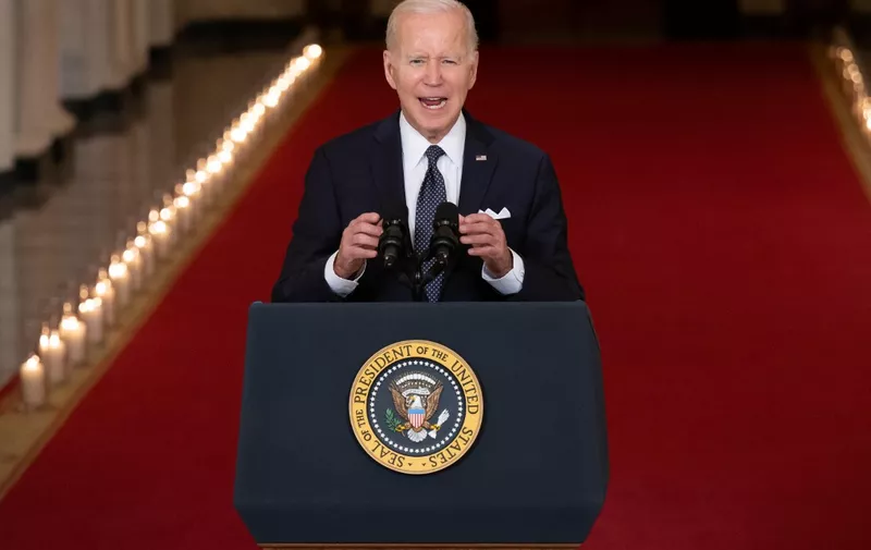 US President Joe Biden speaks about the recent mass shootings and urges Congress to pass laws to combat gun violence at the Cross Hall of the White House in Washington, DC, June 2, 2022. (Photo by SAUL LOEB / AFP)