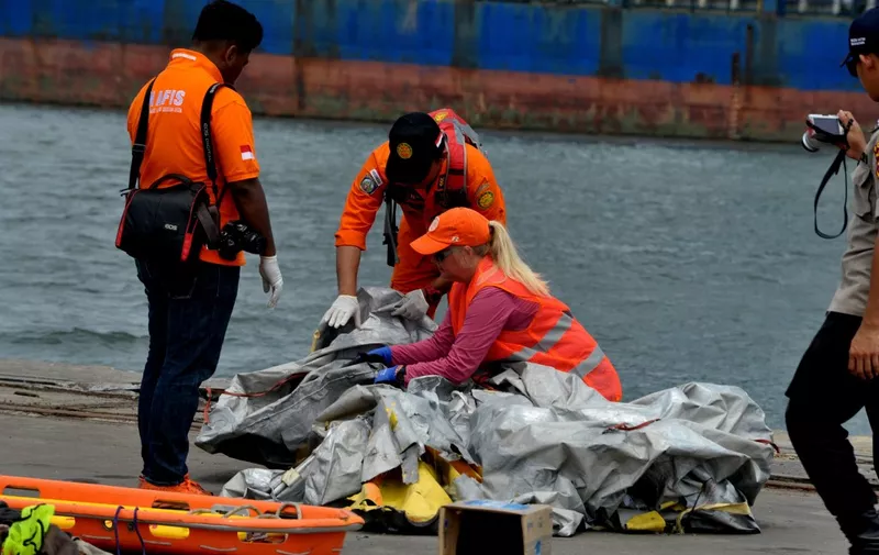 The investigation team conducted an inspection of the pieces of the Lion Air JT 610 aircraft at the Jakarta International Container Terminal Port's evacuation post, Priok, Jakarta, on November 1,2018. Two teams from the National Transportation Safety Board (NTSB) and Boeing were accompanied by the Indonesian National Transportation Safety Committee (NTSC) to collect the results of the Lion Air plane serpentine which crashed off the coast of Karawang, West Java. Dasril Roszandi (Photo by Dasril Roszandi/NurPhoto) (Photo by Dasril Roszandi / NurPhoto / NurPhoto via AFP)