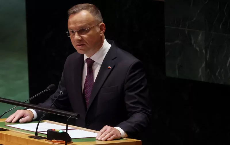 NEW YORK, NEW YORK - SEPTEMBER 19: Polish President Andrzej Duda addresses world leaders during the United Nations (UN) General Assembly on September 19, 2023 in New York City. Dignitaries and their delegations from across the globe have descended on New York for the annual event. This year marks the 78th session of the General Debate at the UN Headquarters and will focus on the crisis of global warming.   Spencer Platt/Getty Images/AFP (Photo by SPENCER PLATT / GETTY IMAGES NORTH AMERICA / Getty Images via AFP)