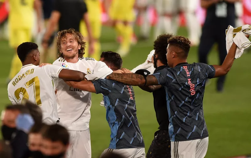 MADRID, SPAIN - JULY 16: Luka Modric of Madrid celebrates at the final whistle during the Liga match between Real Madrid CF and Villarreal CF at Estadio Alfredo Di Stefano on July 16, 2020 in Madrid, Spain. (Photo by Denis Doyle/Getty Images)