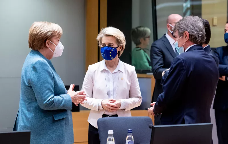 Belgium, Brussels -  December 10, 2020.Eureopean Council.The German Chancellor Angela Merkel; Ursula von der Leyen, President of the European Commission and Ithe Italian Prime Minister Giuseppe Conte,Image: 575002057, License: Rights-managed, Restrictions: * France, Germany and Italy Rights Out *, Model Release: no