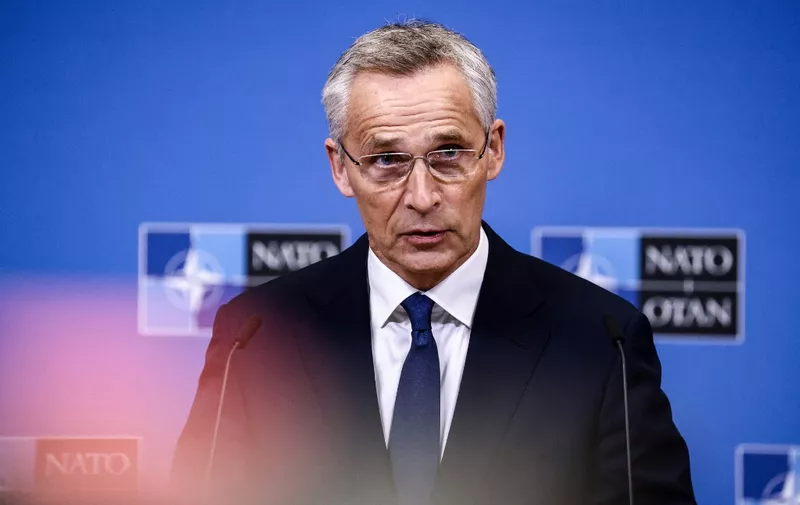 NATO Secretary General Jens Stoltenberg speaks during a press conference ahead of a two-day meeting of the alliance's Defence Ministers at the NATO headquarters in Brussels on October 11, 2022. (Photo by Kenzo TRIBOUILLARD / AFP)