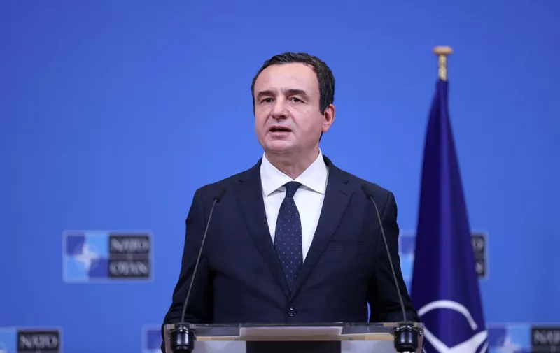 Kosovo's Prime minister Albin Kurti gives a press conference following his meeting with NATO Secretary general in Brussels, on August 17, 2022. (Photo by François WALSCHAERTS / AFP)