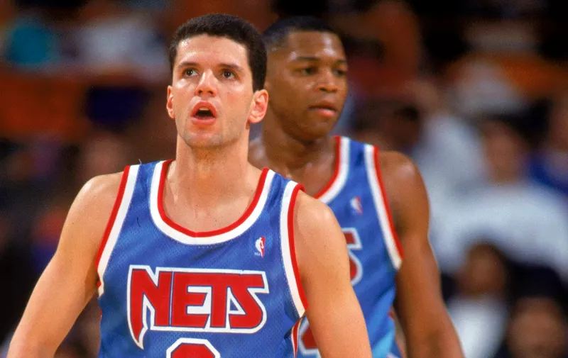 INGLEWOOD, CA - 1990-91:  Drazen Petrovic #3 of the New Jersey Nets stands on the court during a 1990-91 season game against the Los Angeles Lakers at the Great Western Forum in Inglewood, California. NOTE TO USER: User expressly acknowledges and agress that, by downloading and or using this photograph, User is consenting to the terms and conditions of the Getty Images License Agreement. (Photo by Ken Levine/Getty Images)