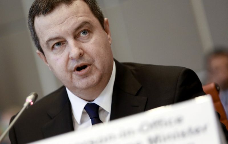 Council of the Organisation for Security and Cooperation in Europe (OSCE) Chairperson-in-Office and Serbian Foreign Minister Ivica Dacic speaks during an OSCE meeting at Hofburg Congress Centre's Neuer Saal on January 15, 2015 in Vienna. Serbia took over the Chairmanship of the Organization on January 1, 2015 from Switzerland. During its Chairmanship Serbia will work closely with Switzerland, 2014 Chair. AFP PHOTO/ PATRICK DOMINGO