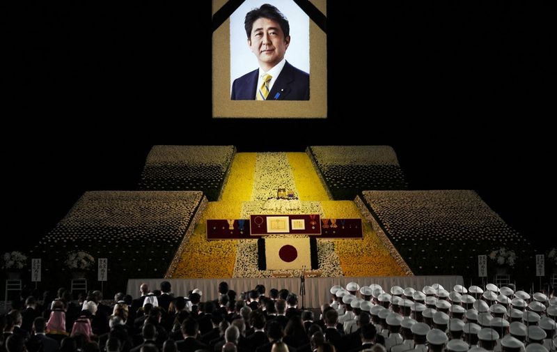 A general view shows the state funeral for Japan's former prime minister Shinzo Abe in the Nippon Budokan in Tokyo on September 27, 2022. (Photo by FRANCK ROBICHON / POOL / AFP)