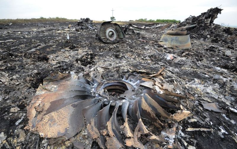 A picture taken on July 18, 2014 shows the wreckages of the Malaysia Airlines jet carrying 298 people from Amsterdam to Kuala Lumpur a day after it crashed, near the town of Shaktarsk, in rebel-held east Ukraine. Pro-Russian rebels fighting central Kiev authorities claimed on July 17 that the Malaysian airline that crashed in Ukraine had been shot down by a Ukrainian jet. The head of Ukraine's air traffic control agency said Thursday that the crew of the Malaysia Airlines jet that crashed in the separatist east had reported no problems during flight. All 298 people on board Flight MH17 died when the plane crashed. AFP PHOTO/DOMINIQUE FAGET