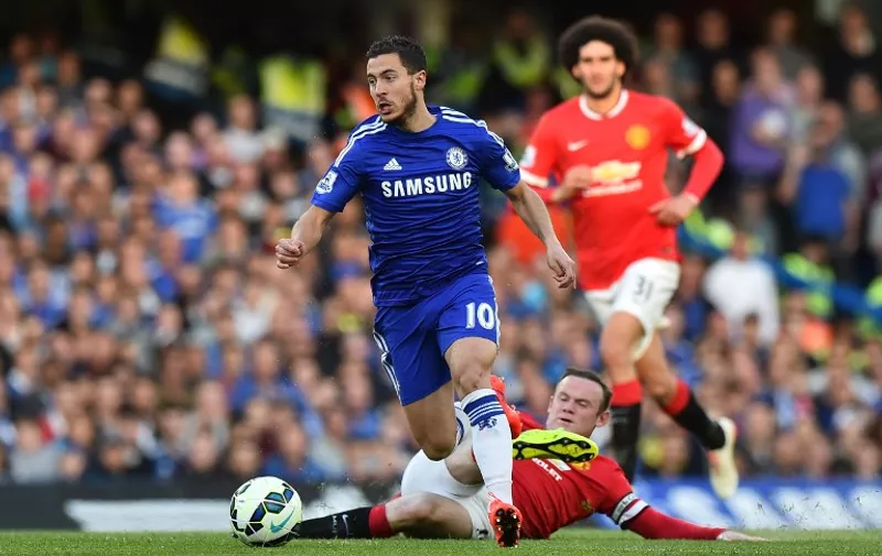 Chelsea&#8217;s Belgian midfielder Eden Hazard (L) skips past a Manchester United&#8217;s English striker Wayne Rooney (floor) challenge during the English Premier League football match between Chelsea and Manchester United at Stamford Bridge in London on April 18, 2015. AFP PHOTO / RESTRICTED TO EDITORIAL USE. No use with unauthorized audio, video, data, fixture lists, club/league [&hellip;]