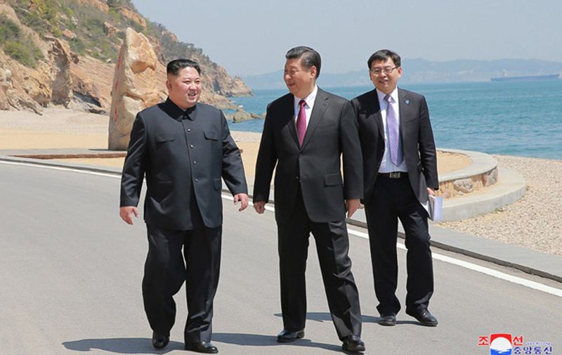 This image released on May 8, 2018, by the North Korean Official News Service (), shows North Korean leader Kim Jong Un meeting with Chinese President Xi Jinping in Dalian, China. Kim's visit came ahead of a scheduled meeting between China's premier, Li Keqiang, President Moon Jae-in of South Korea and Prime Minister Shinzo Abe of Japan, to discuss North Korean denuclearization. Photo by /UPI, Image: 371050767, License: Rights-managed, Restrictions: , Model Release: no, Credit line: Profimedia, UPI