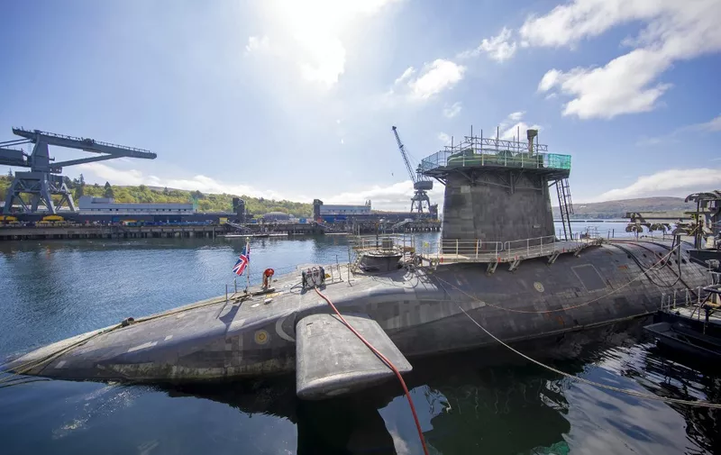 Vanguard-class submarine HMS Vigilant, one of the UK's four nuclear warhead-carrying submarines at HM Naval Base Clyde, Faslane, west of Glasgow, Scotland on April 29, 2019. A tour of the submarine was arranged to mark fifty years of the continuous, at sea nuclear deterrent. (Photo by James Glossop / POOL / AFP)