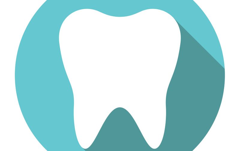 White tooth in circle with long drop shadow on turquoise blue background. Dental care, health and hygiene concept. Flat design icon. Vector illustration, no transparency, no gradients