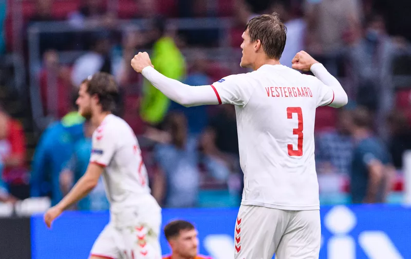 Jannik Vestergaard of Denmark celebrates after winning Wales during the UEFA Euro 2020 Championship Round of 16 match between Wales and Denmark at Johan Cruijff Arena on June 26, 2021 in Amsterdam, Netherlands. (Photo by Zuma Press)