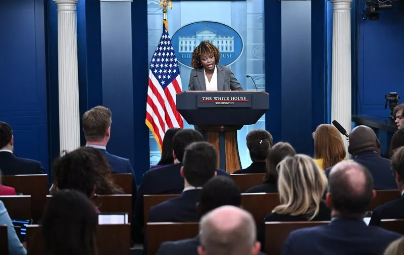 White House Press Secretary Karine Jean-Pierre speaks during the daily briefing in the Brady Briefing Room of the White House in Washington, DC, on April 19, 2024. (Photo by MANDEL NGAN / AFP)