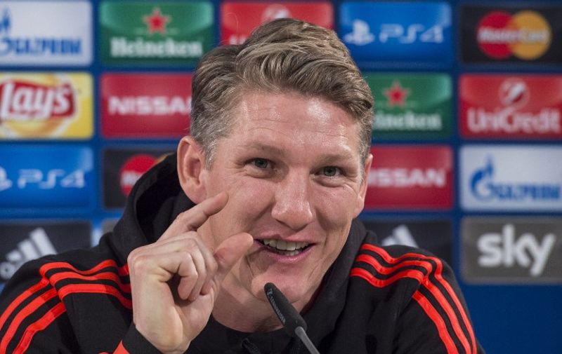 Manchester United's German midfielder Bastian Schweinsteiger addresses a press conference in Wolfsburg, central Germany, on December 7, 2015, one the eve of the UEFA Champions League Group B second-leg football match VfL Wolfsburg vs Manchester United. / AFP / JOHN MACDOUGALL