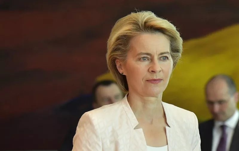 (FILES) In this file photo taken on July 3, 2019 German Defence Minister Ursula von der Leyen arrives to attend the weekly cabinet meeting at the Chancellery in Berlin. - European Parliament will vote on Ursula von der Leyen's nomination as EU Commission president on July 16, 2019. (Photo by Tobias SCHWARZ / AFP)