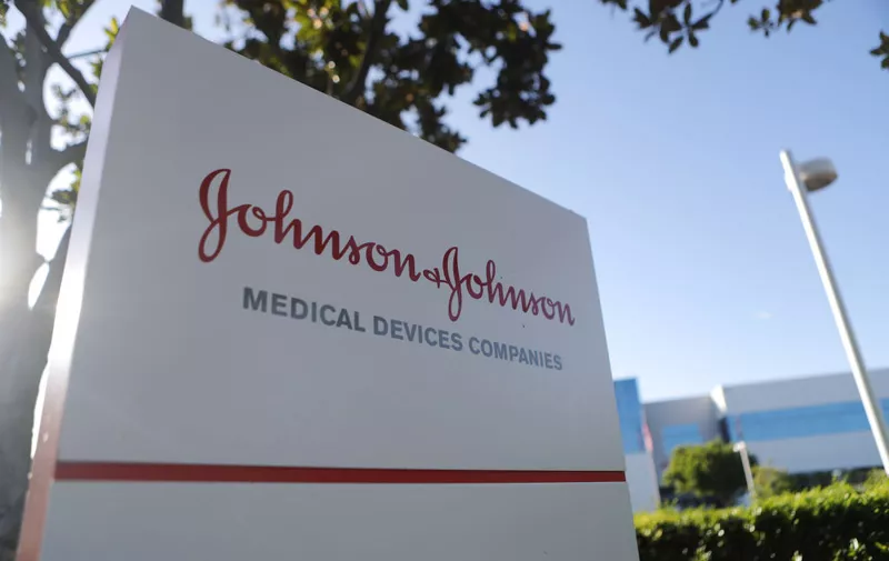 IRVINE, CALIFORNIA - AUGUST 26:  A sign is posted at the Johnson &amp; Johnson campus on August 26, 2019 in Irvine, California. A judge has ordered the company to pay $572 million in connection with the opioid crisis in Oklahoma.  (Photo by Mario Tama/Getty Images)
